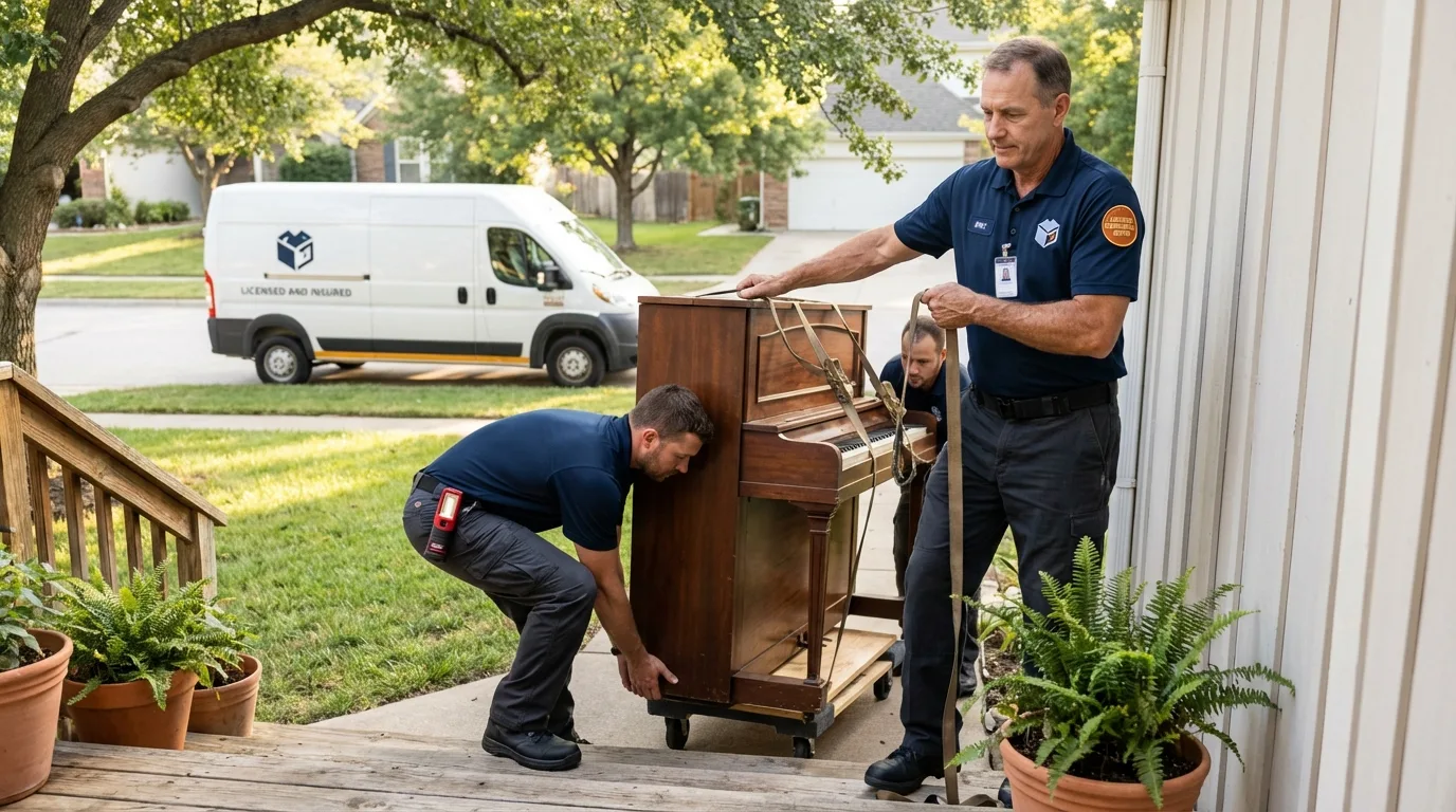 Licensed piano movers securing grand piano in Glyndon, MN